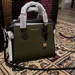 Michael Kors forest green/white/black pebbles color block tote. NWT